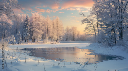 Snowy winter landscape with a frozen river and trees at sunset.