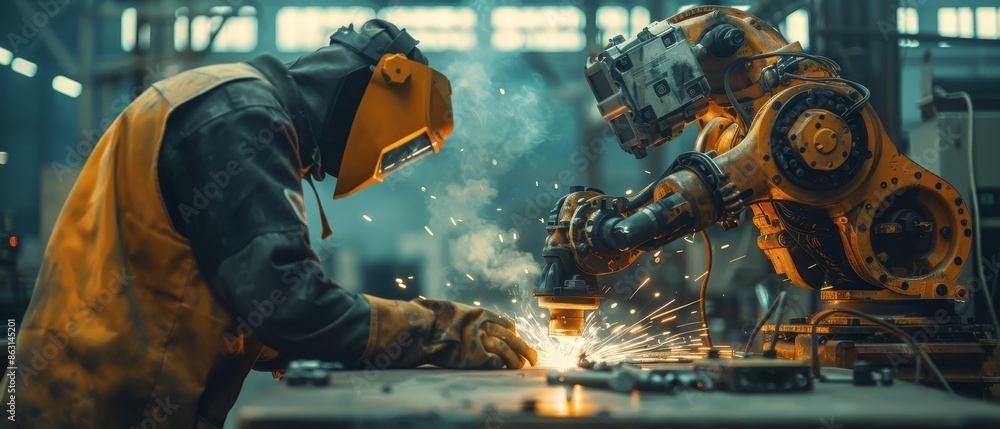 A man in a yellow jacket is working on a machine with a robot A man in a yellow jacket is working on a machine with a robot
