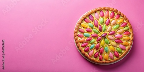 Colorful top view of epiphany frangipane cake on pink background, epiphany, frangipane cake, colorful, top view, dessert photo