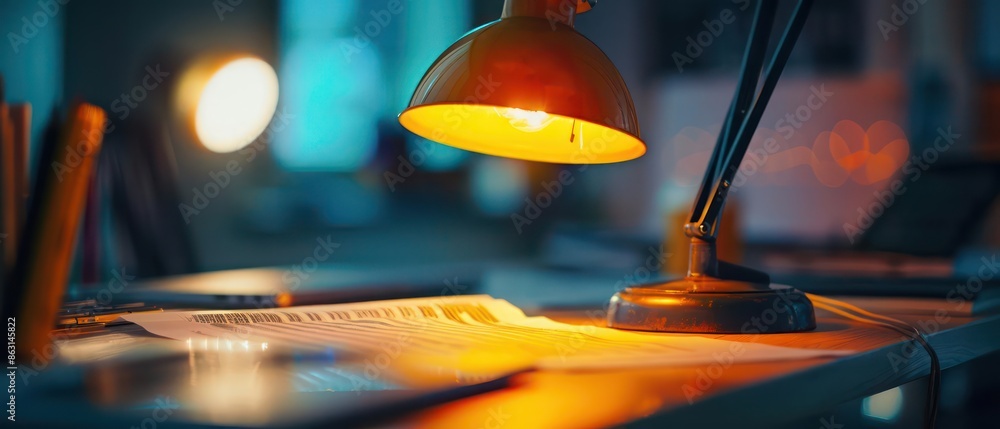Closeup of an oldfashioned office lamp illuminating a holographic business report, with room for text Closeup of an oldfashioned office lamp illuminating a holographic business report, with room for text
