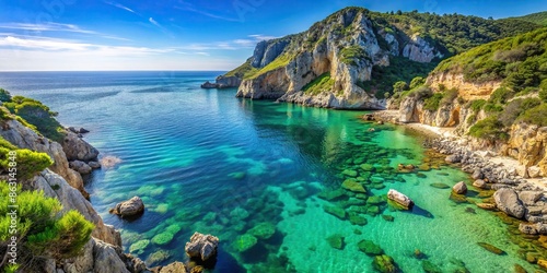 A scenic view of the rugged cliffs and crystal clear waters of Circeo National Park in Italy, Circeo, National Park, Italy photo