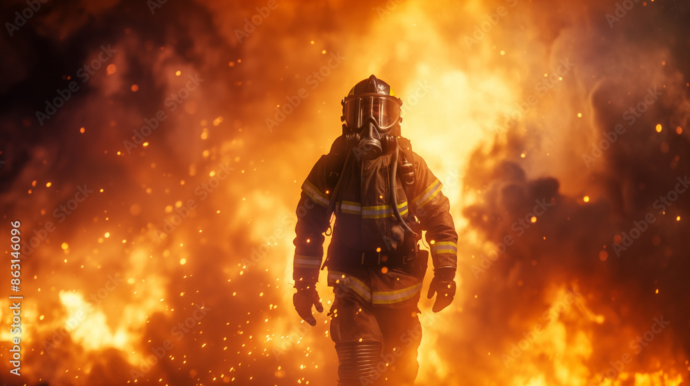Firefighter in action surrounded by intense flames. Firefighter in action surrounded by intense flames.