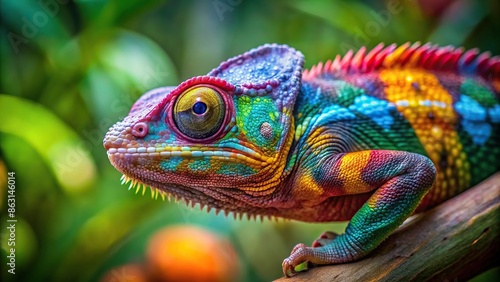 A colorful chameleon blending into its surroundings, reptile, camouflage, wildlife, nature, adaptation, lizard, tropical © Sompong