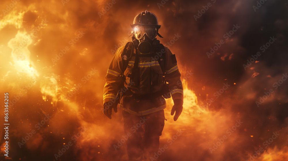 Fototapeta premium Firefighter in action surrounded by intense flames.