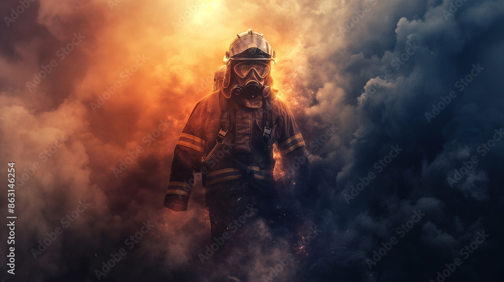 Firefighter in action surrounded by intense flames. Firefighter in action surrounded by intense flames.