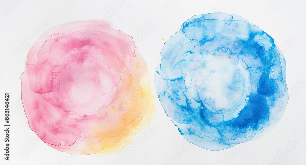 Watercolor painting of two large pink and blue dots, with colorful splashes on a white paper background. Watercolor painting of two large pink and blue dots, with colorful splashes on a white paper background.