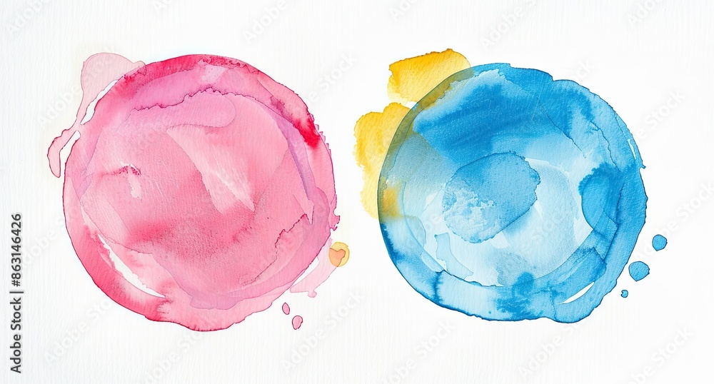 Watercolor painting of two large pink and blue dots, with colorful splashes on a white paper background. Watercolor painting of two large pink and blue dots, with colorful splashes on a white paper background.