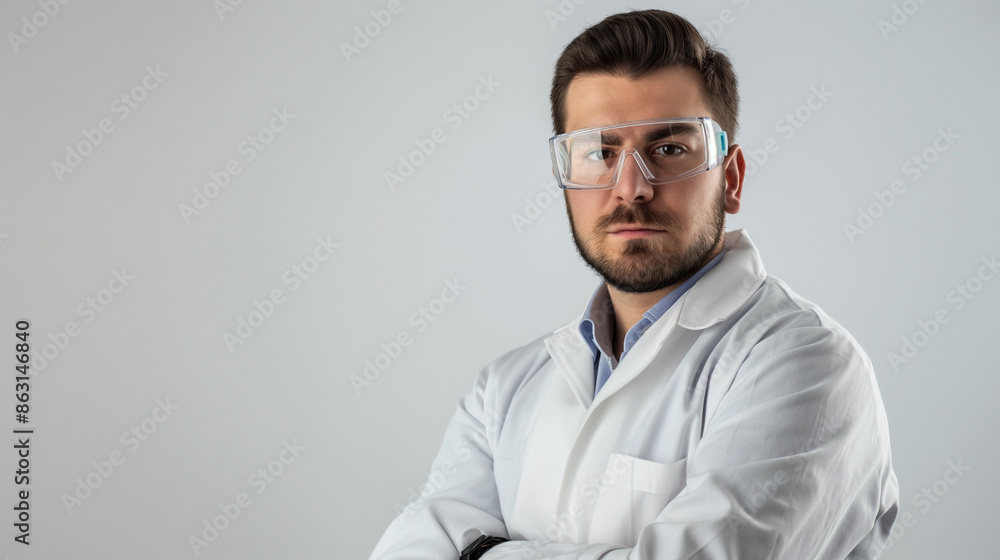 Serious Male Scientist in Lab Coat with Protective Glasses on Grey Background Serious Male Scientist in Lab Coat with Protective Glasses on Grey Background