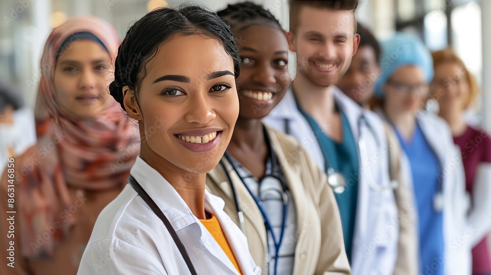 Diverse Group of Smiling Medical Professionals Working Together in Hospital Setting. Diverse Group of Smiling Medical Professionals Working Together in Hospital Setting.
