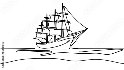 A continuous line drawing of a ship