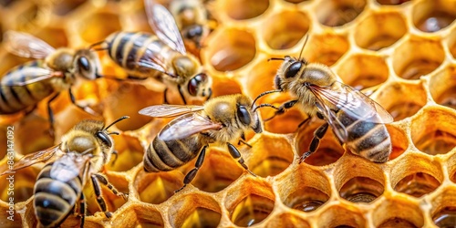 Macro shot of bees making honey in a honeycomb , bees, honeycomb, macro photography, insects, nature, beekeeping © wasana