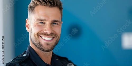 Smiling Caucasian male police officer exuding confidence on duty. Concept Law Enforcement, Police Officer, Caucasian, Confidence, On Duty
