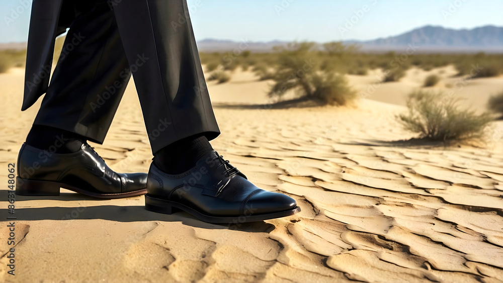 Man in black suit and elegant black shoes walking in desert on hot sand, people in nature, lost in desert