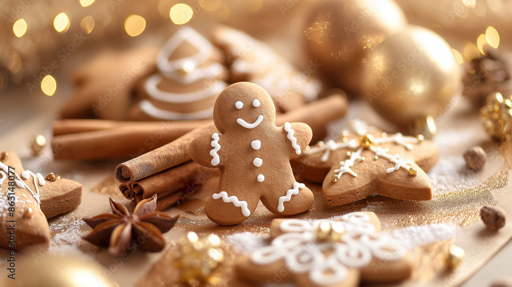 Festive arrangement of gingerbread cookies and decorations. Festive arrangement of gingerbread cookies and decorations.