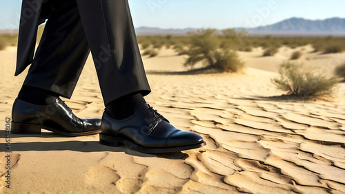 Obraz na płótnie Man in black suit and elegant black shoes walking in desert on hot sand, people in nature, lost in desert w salonie