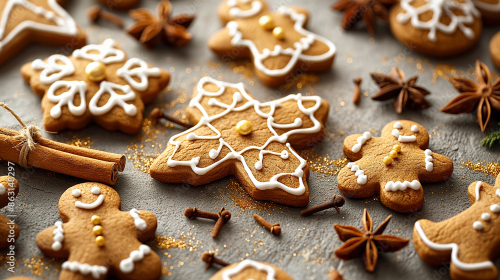 Festive arrangement of gingerbread cookies and decorations. Festive arrangement of gingerbread cookies and decorations.