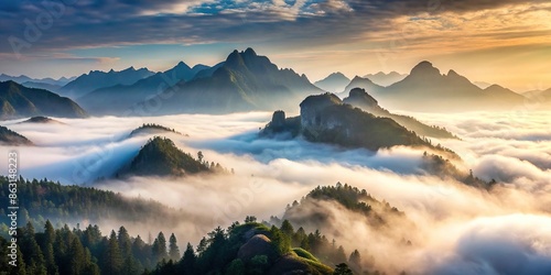 Foggy mountain range with misty atmosphere , fog, mist, clouds, peaks, scenic, landscape, nature, serene, beauty photo