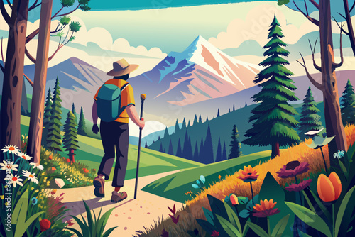 Summer hiking scene with person walking in the forest, by the trail to mountains