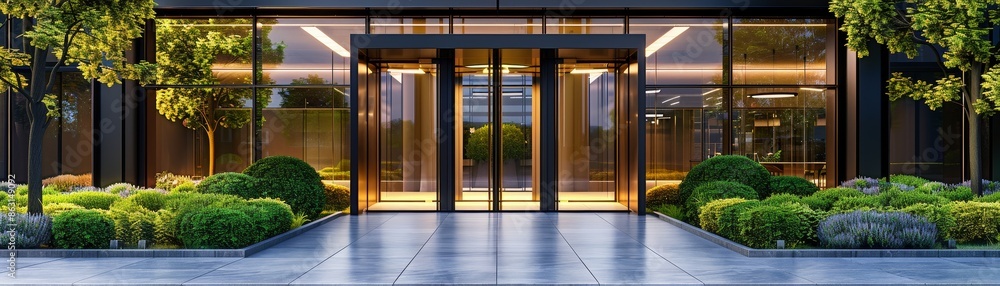 custom made wallpaper toronto digitalModern office building entrance with glass doors and landscaped greenery for a professional corporate setting.
