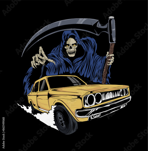Grim Reaper With Car Road of Death Illustration