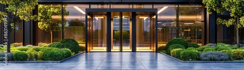 Wallpaper Mural Modern office building entrance with glass doors and landscaped greenery for a professional corporate setting. Torontodigital.ca