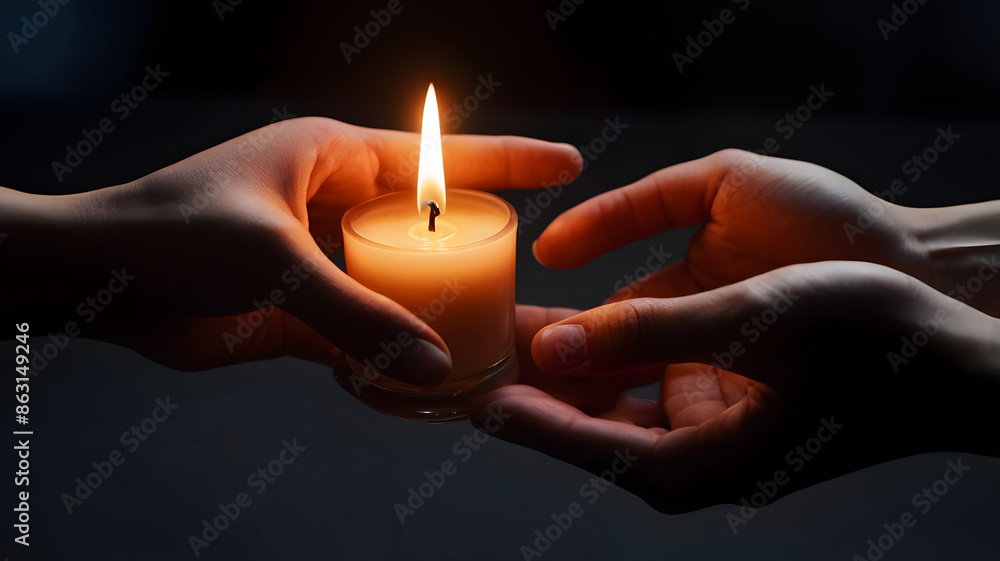 Hands holding glowing candle in the dark, light, fire and flame background, template, copy space area Hands holding glowing candle in the dark, light, fire and flame background, template, copy space area