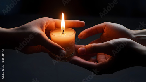 Obraz na płótnie Hands holding glowing candle in the dark, light, fire and flame background, template, copy space area w salonie