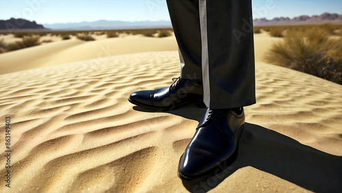 Man in black suit and elegant black shoes walking in desert on hot sand, people in nature, lost in desert