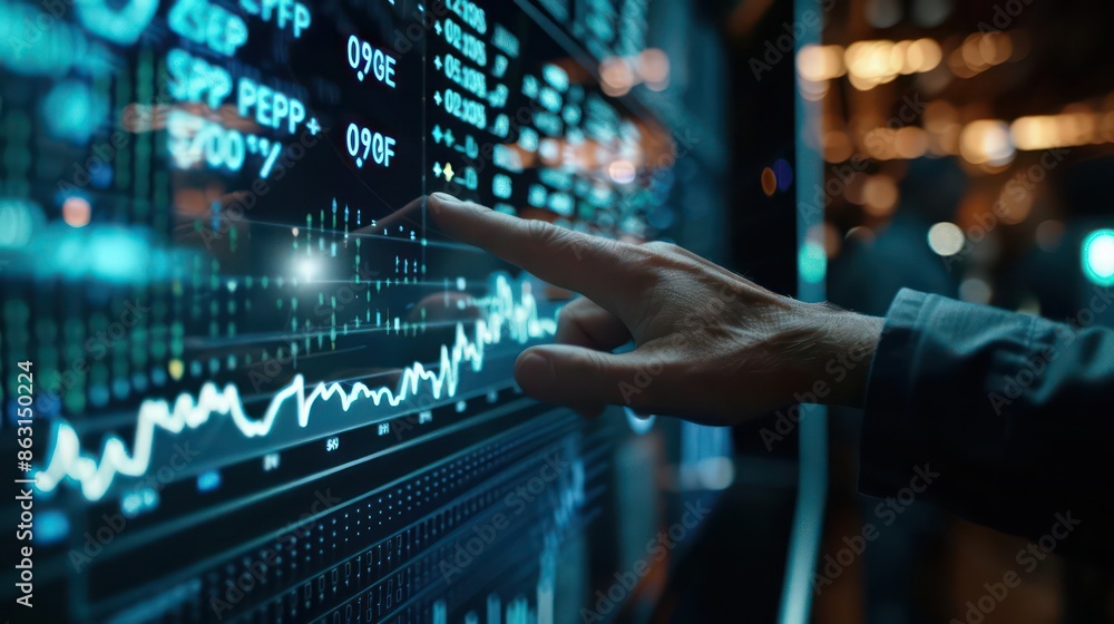 Highdefinition shot of a hand interacting with a virtual stock market board, with room for text Highdefinition shot of a hand interacting with a virtual stock market board, with room for text