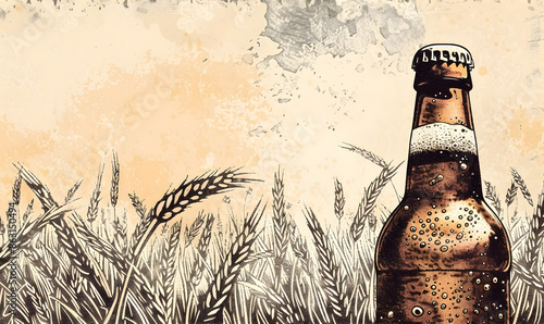 Bottle of beer with wheat light background. Tasty alcoholic beer illustration. with copy space. Banner for Lughnasa celebration. photo