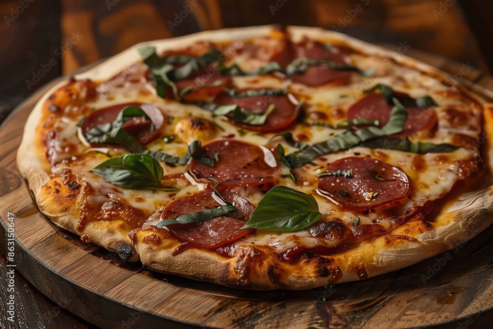 Delicious pepperoni pizza with melted mozzarella cheese and fresh basil leaves on wooden board Delicious pepperoni pizza with melted mozzarella cheese and fresh basil leaves on wooden board