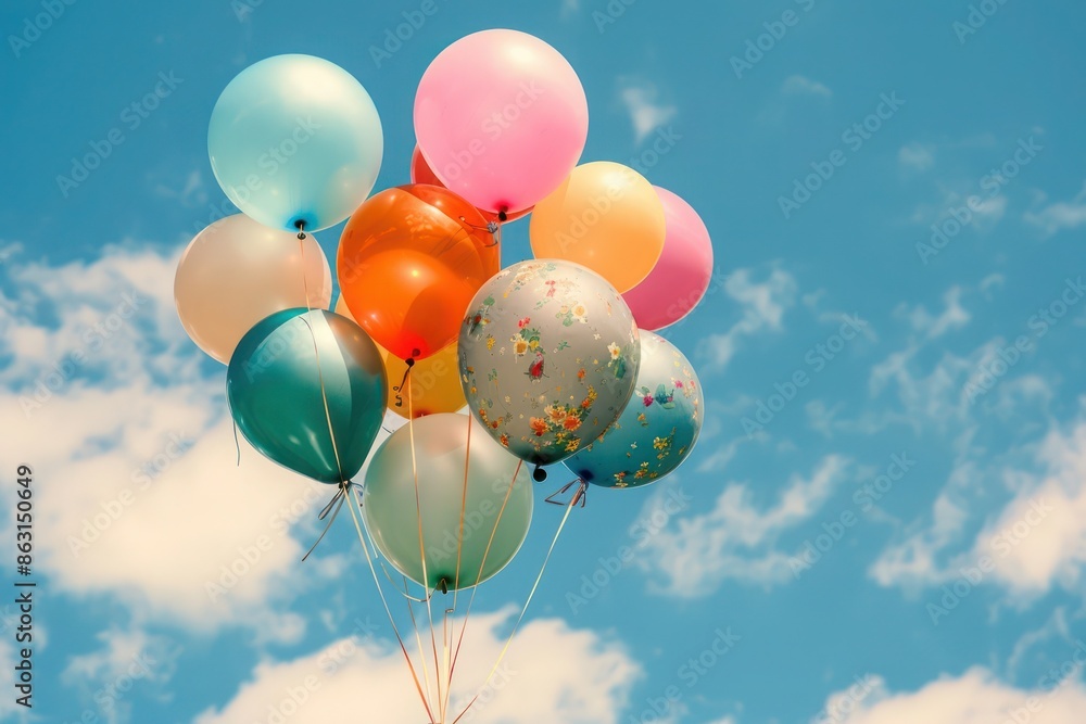 A whimsical scene of colorful balloons rising into the sky, captured with a vintage Instagram filter effect, giving a nostalgic and joyful ambiance, suitable for a birthday party or summer event. A whimsical scene of colorful balloons rising into the sky, captured with a vintage Instagram filter effect, giving a nostalgic and joyful ambiance, suitable for a birthday party or summer event.