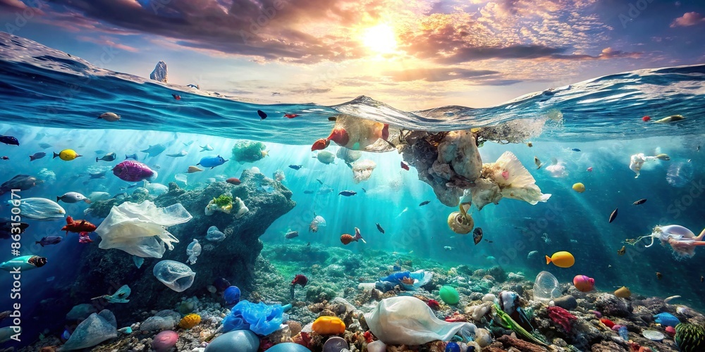Plastic pollution in ocean water, floating garbage, environmental ...