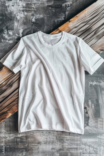 White T-shirt Mockup on Wooden and Concrete Background.