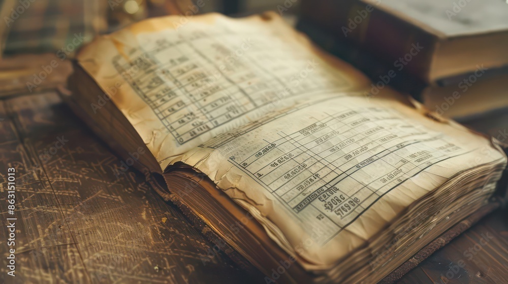 Obraz premium Highdefinition shot of a vintage ledger book showing augmented reality financial data, with ample copy space