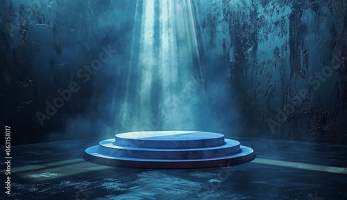 A Blue Lit Concrete Platform In A Dark Room