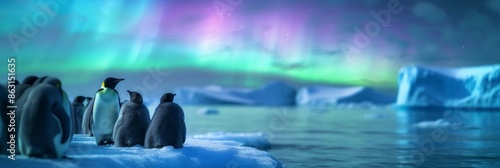 Penguins on ice land with beautiful aurora northern lights in night sky with snow forest in winter.