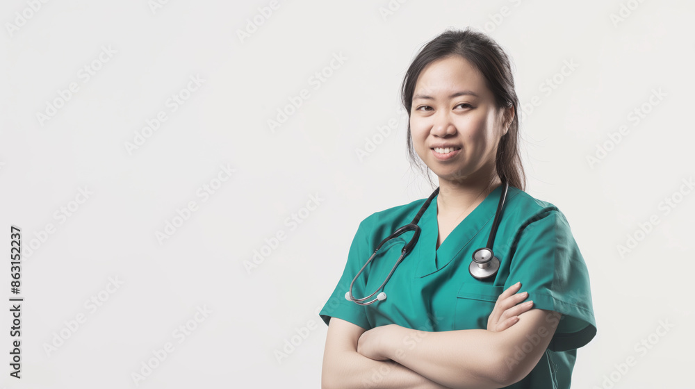 Nurse in green scrubs with a stethoscope smiling and standing with arms crossed. Medical professional showing confidence and readiness Nurse in green scrubs with a stethoscope smiling and standing with arms crossed. Medical professional showing confidence and readiness