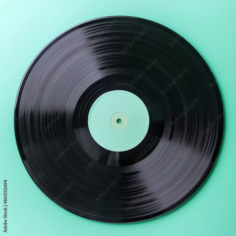 Fototapeta premium Vinyl Record Showcased on a Mint Background with Room for Text