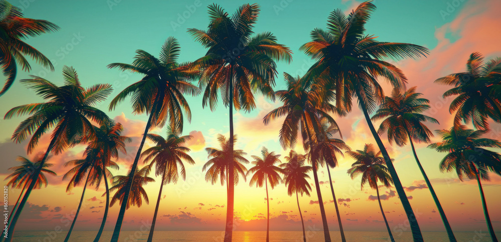 Obraz premium Tropical Sunset with Palm Trees. Generative ai