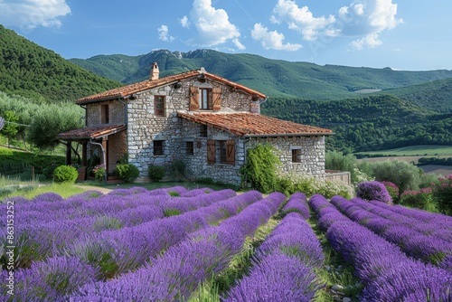 A picturesque lavender field in Provence with rows of purple flowers and a traditional stone farmhouse in the background. 