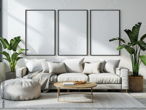 Modern Living Room With White Sofa And Three Empty Picture Frames