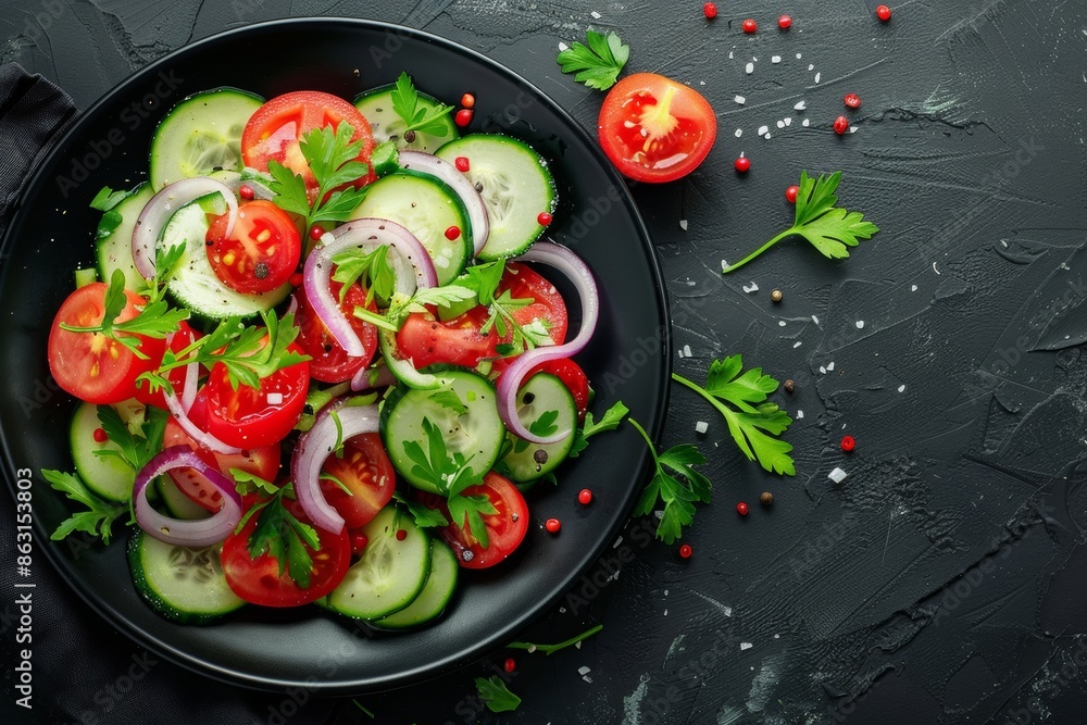 Diet menu. Top view. Salad of fresh tomato, cucumber, onion, spinach, lettuce, and sesame on a plate. Diet menu. Top view. Salad of fresh tomato, cucumber, onion, spinach, lettuce, and sesame on a plate.
