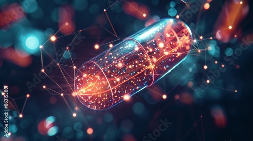 Glowing hologram of encapsule pill 3D model with dark background.