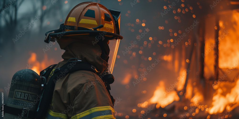 Firefighter fighting to put off fire flames with protection helmet Firefighter fighting to put off fire flames with protection helmet
