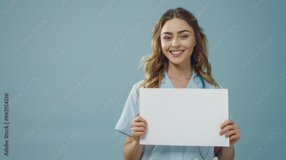A young smiling female doctor holding a blank message board. A young smiling female doctor holding a blank message board.