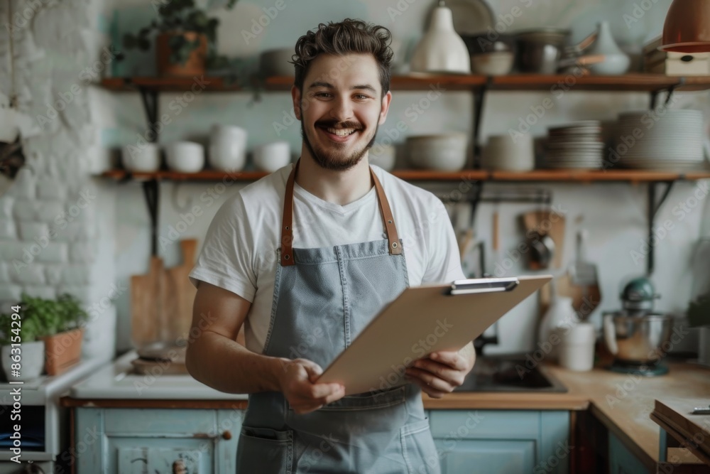 The handsome plumber in the kitchen holds a clipboard and stares at the camera The handsome plumber in the kitchen holds a clipboard and stares at the camera