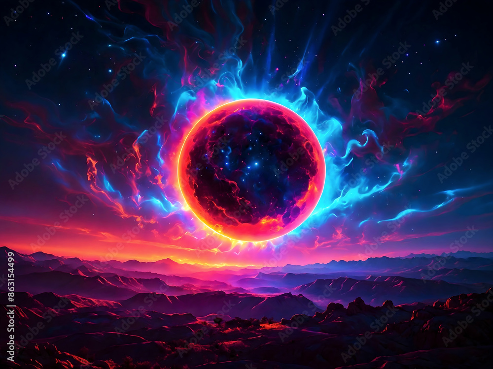 Abstract solar eclipse, artistic background, sun and moon, universe wallpaper