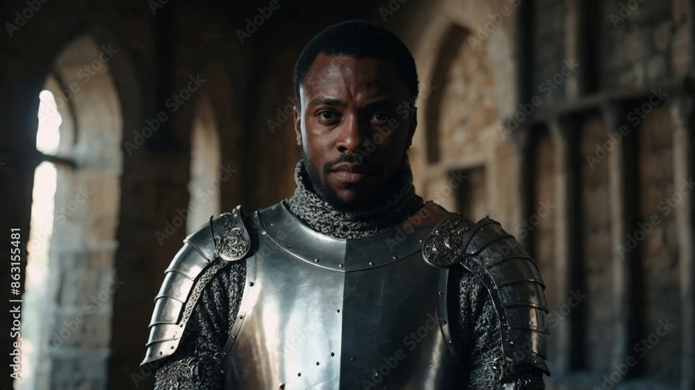 Black man in silver medieval knight armor, inside the hall of a castle. Black man in silver medieval knight armor, inside the hall of a castle.