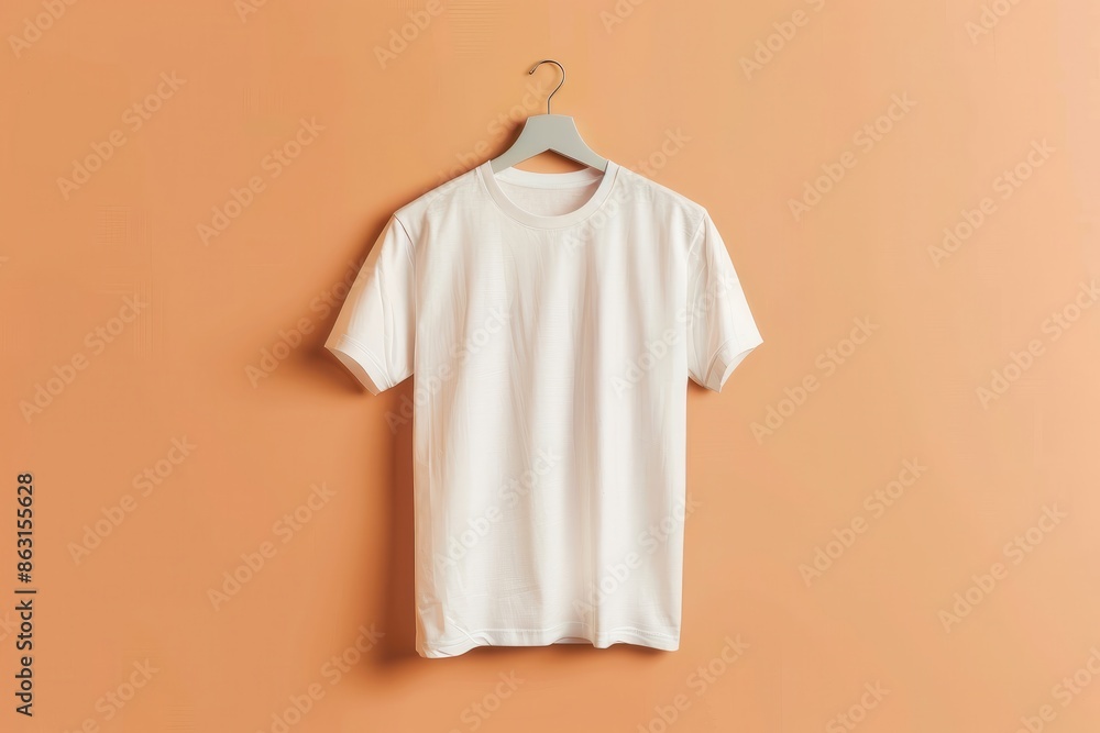 Blank White T-Shirt on Hanger Against a Peach Background. Blank White T-Shirt on Hanger Against a Peach Background.